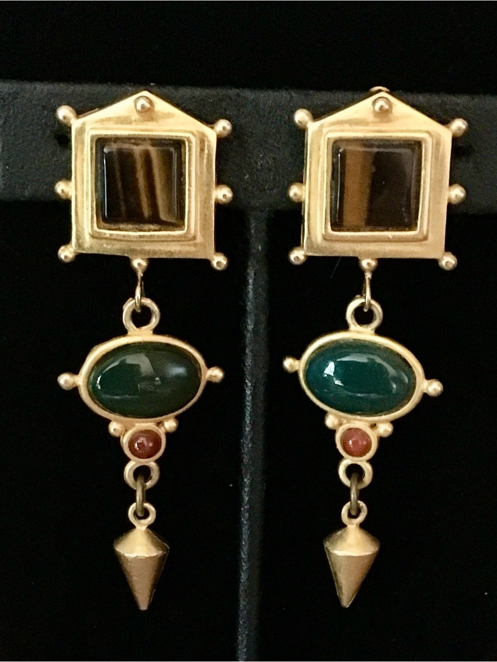 Vintage 90s Etruscan Gold Tone Geometric Cabochon Drop Statement Clip Earrings